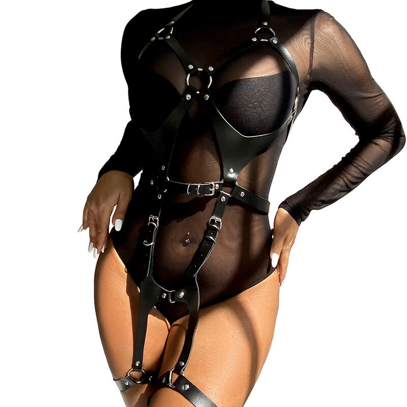 Imbracatura completa SUBBLIME FETISH con fibbie in pelle nera, taglia unica, dettagli eleganti e stile fetish.