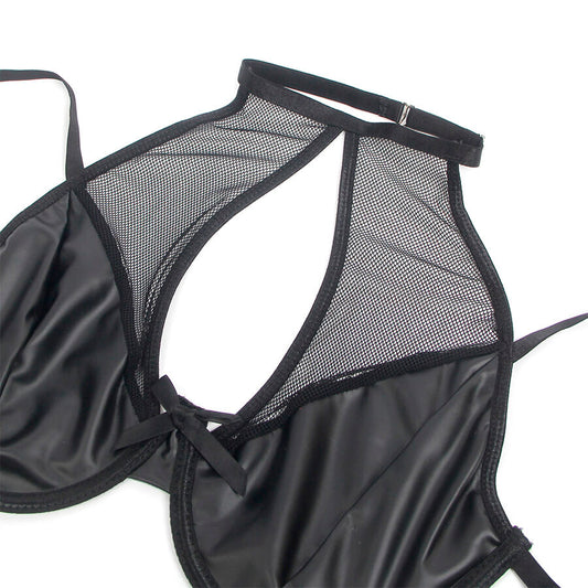 Set reggiseno e gonna in pelle nero SUBBLIME, stile S/M, con dettagli eleganti e tessuto lucido, perfetto per un look sofisticato.