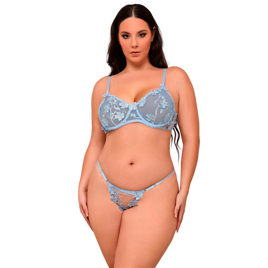Completo reggiseno e slip SUBBLIME SETS ricamati a fiori azzurro cielo, taglia S/M, elegante e delicato design.