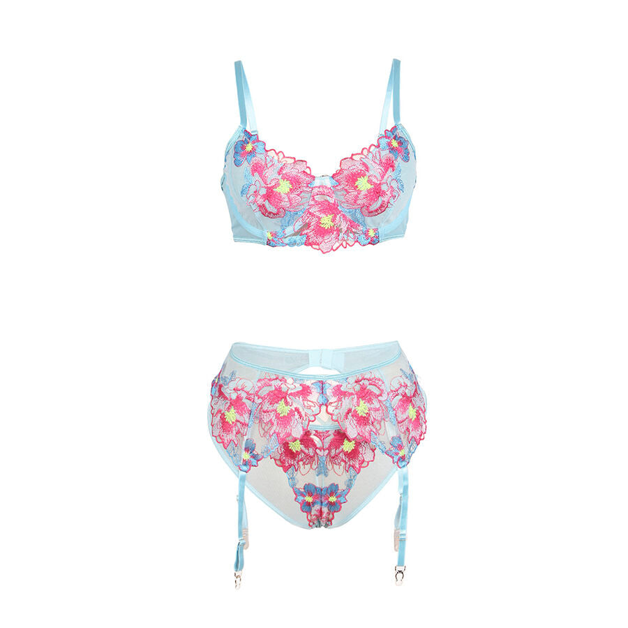 Set reggiseno e cintura SUBBLIME con ricamo di fiori rosa, taglia S/M, elegante e femminile, dettagli ricamati e raffinati.