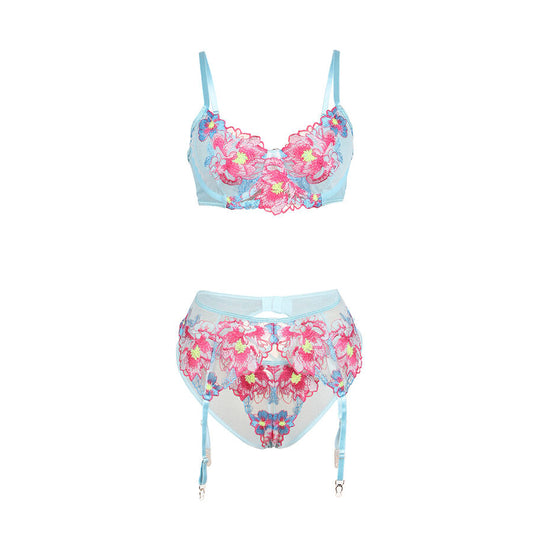 Set reggiseno e cintura SUBBLIME con ricamo di fiori rosa, taglia S/M, elegante e femminile, dettagli ricamati e raffinati.