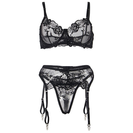 Set intimo SUBBLIME con reggiseno, perizoma e giarrettiera con stampa floreale nera, taglia S/M.