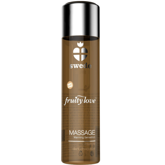 Olio da massaggio SWEDE Fruity Love con effetto riscaldante e aroma di cioccolato fondente intenso, 120 ml, bottiglia con etichetta elegante