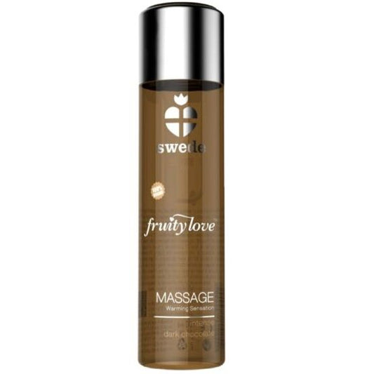Olio da massaggio SWEDE Fruity Love con effetto riscaldante e aroma di cioccolato fondente, bottiglia da 60 ml.