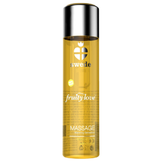 Olio da massaggio SWEDE Fruity Love con effetto riscaldante, aroma tropicale con miele, bottiglia da 120 ml, prodotto naturale.