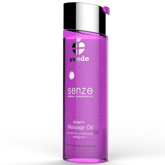 Olio da massaggio afrodisiaco alle erbe Divinity di SWEDE, bottiglia da 150 ml con etichetta verde e dettagli naturali.