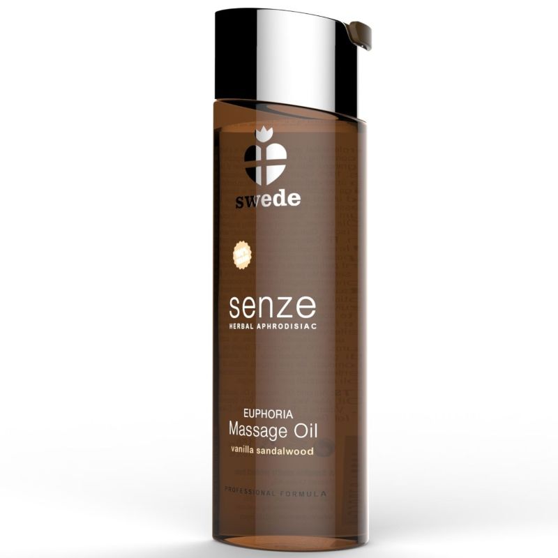 Olio da massaggio afrodisiaco alle erbe Svede Euphoria, bottiglia da 150 ml con etichetta verde e tappo bianco.