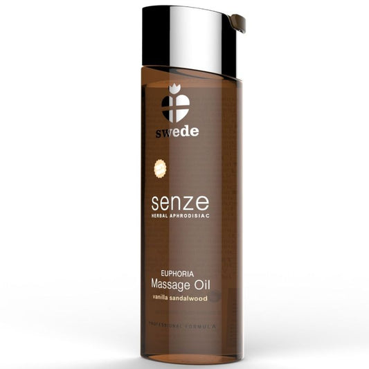 Olio da massaggio afrodisiaco alle erbe Svede Euphoria, bottiglia da 150 ml con etichetta verde e tappo bianco.