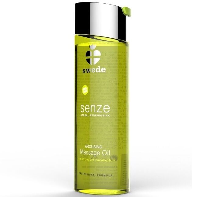 Olio da massaggio afrodisiaco alle erbe SWEDE, 75 ml, con bottiglia trasparente e etichetta verde e bianca.