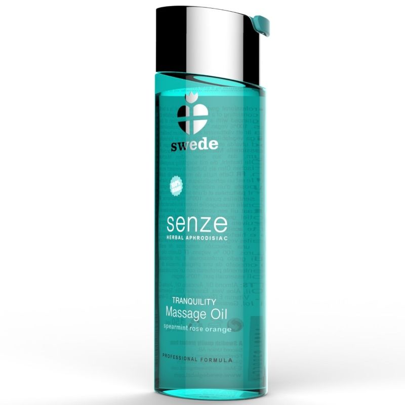 Olio da massaggio afrodisiaco alle erbe Tranquility di SWEDE, bottiglia da 150 ml con etichetta verde e tappo bianco.