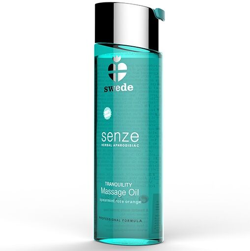 Olio da massaggio afrodisiaco alle erbe SWEDE Tranquility, flacone da 75 ml con etichetta verde e tappo bianco.