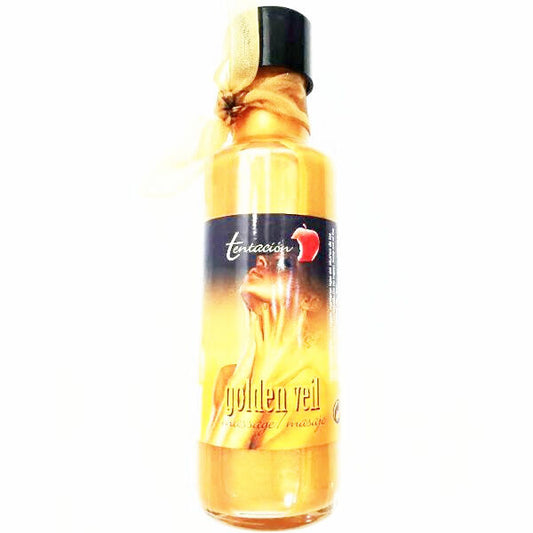 Olio per massaggi Tentacion Golden Veil, 100 ml, con bottiglia elegante e etichetta dorata, ideale per massaggi rilassanti.