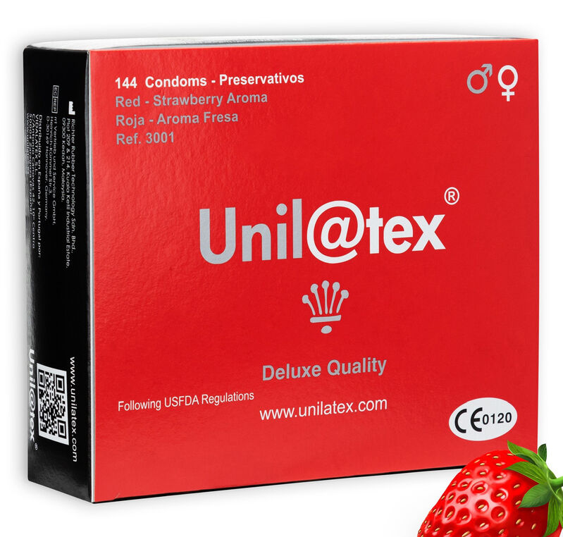 Confezione di 144 preservativi UNILATEX rosso fragola, confezionati singolarmente, per protezione e piacere.