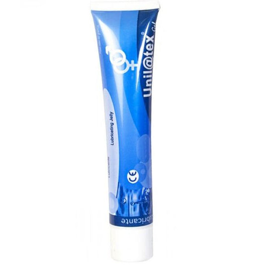 Gelatina lubrificante Unilatex da 82g, confezione con tubetto di gel trasparente e applicatore, marca Unilatex.