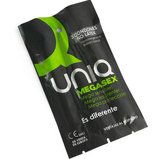 Pacchi di tre preservativi UNIQ MEGASEX in lattice senza lattice, progettati per sensibilità e comfort, visibili nella confezione.