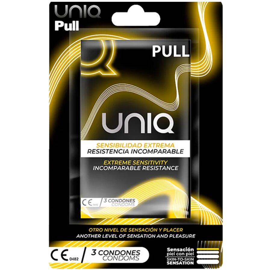 Preservativi senza lattice UNIQ con strisce, confezione da 3 unità, evidenziando il packaging e il prodotto.