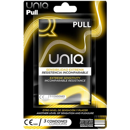 Preservativi senza lattice UNIQ con strisce, confezione da 3 unità, evidenziando il packaging e il prodotto.