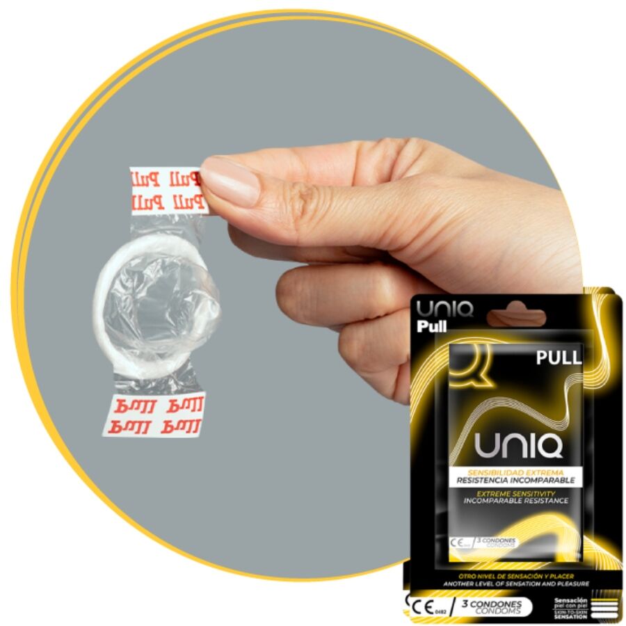 Preservativi senza lattice UNIQ con strisce, confezione da 3 unità, dettagli visivi del packaging e texture del prodotto