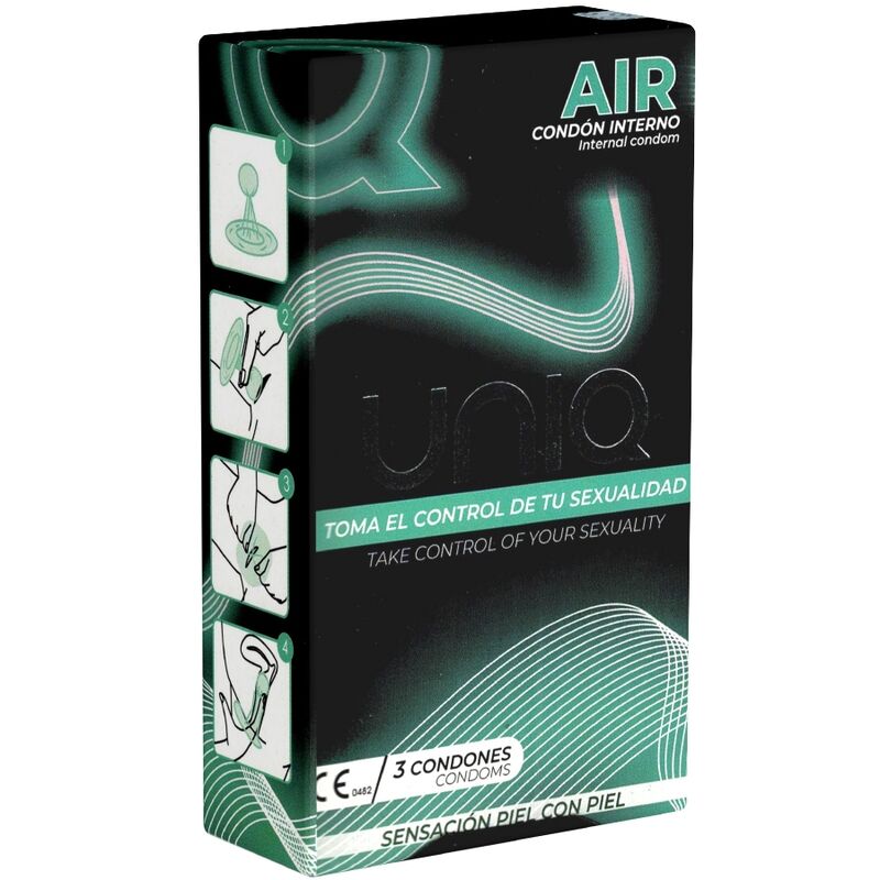 Preservativo femminile senza lattice UNIQ AIR, confezione da 3 unità, con dettagli visibili sulla confezione e design del prodotto