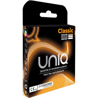 Preservativo senza lattice UNIQ Classic, confezione da 3 unità, con dettagli visibili sulla confezione e il design del packaging