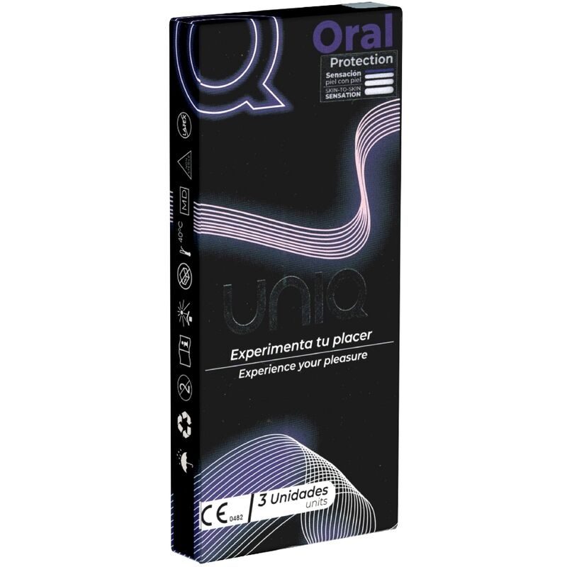 Preservativi UNIQ Classici senza lattice, confezione da 3, con dettagli visibili sulla confezione del prodotto.