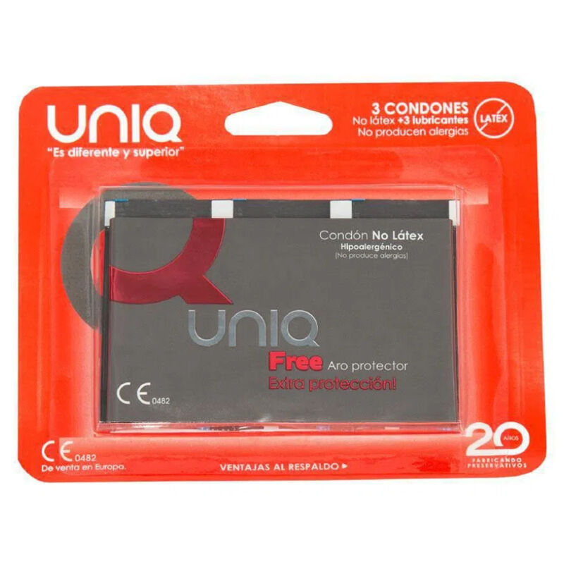 Preservativi senza lattice UNIQ con anello di protezione, confezione da 3 unità, dettaglio del prodotto.