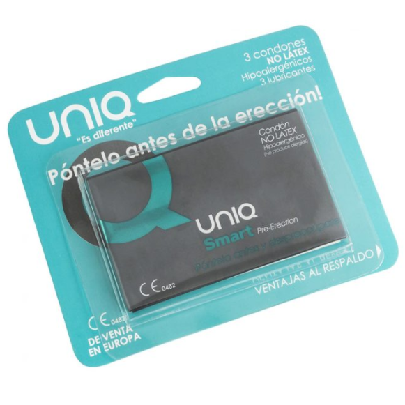 Preservativi UNIQ Smart senza lattice, 3 pezzi, confezione con dettagli e marchio sulla confezione