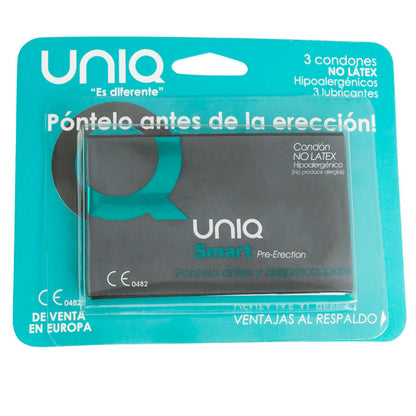 Preservativi UNIQ Smart senza lattice, confezione da 3 unità, con design discreto e dettagli visibili sulla confezione.