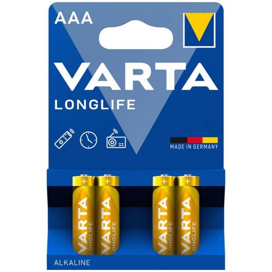 Set di 4 batterie alcaline AAA VARTA Longlife LR03 in blister, ideali per dispositivi portatili e di uso quotidiano.