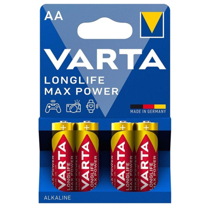 Batterie alcaline VARTA Max Power AA LR6, confezione da 4 unità con batterie nuove e visibili in primo piano.