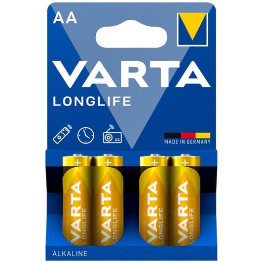Set di 4 batterie alcaline VARTA Longlife AA LR6 in blister, ideale per dispositivi portatili e uso quotidiano