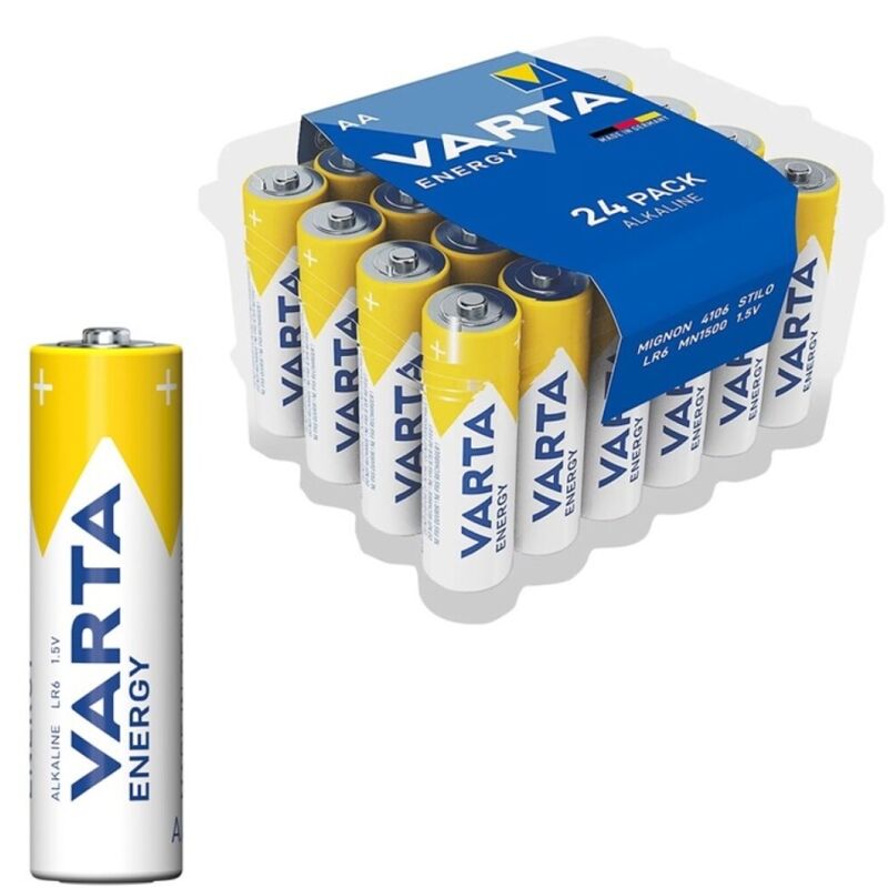 Set di 24 batterie alcaline AA VARTA Energy LR6, confezione con batterie resistenti e di lunga durata.