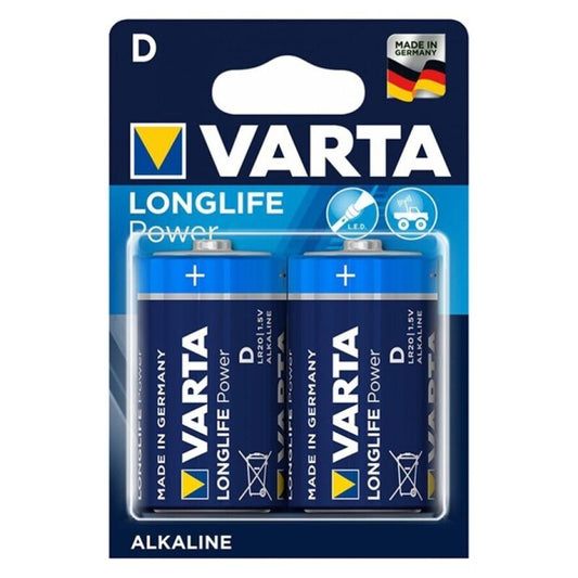 Due unità di batterie alcaline VARTA Longlife Power LR20, pile cilindriche di alta qualità per dispositivi domestici.