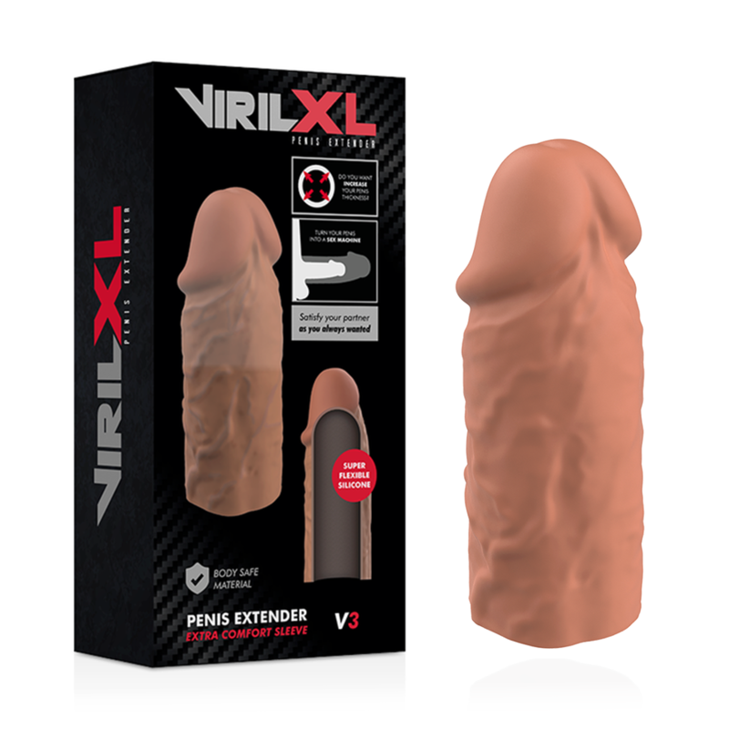 Estensione del pene in silicone liquido VIRILXL V3 marrone, dispositivo di supporto e allungamento penieno.