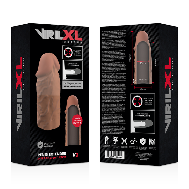 Estensione del pene in silicone liquido VIRILXL V3 marrone, con dettaglio della forma e texture del prodotto.