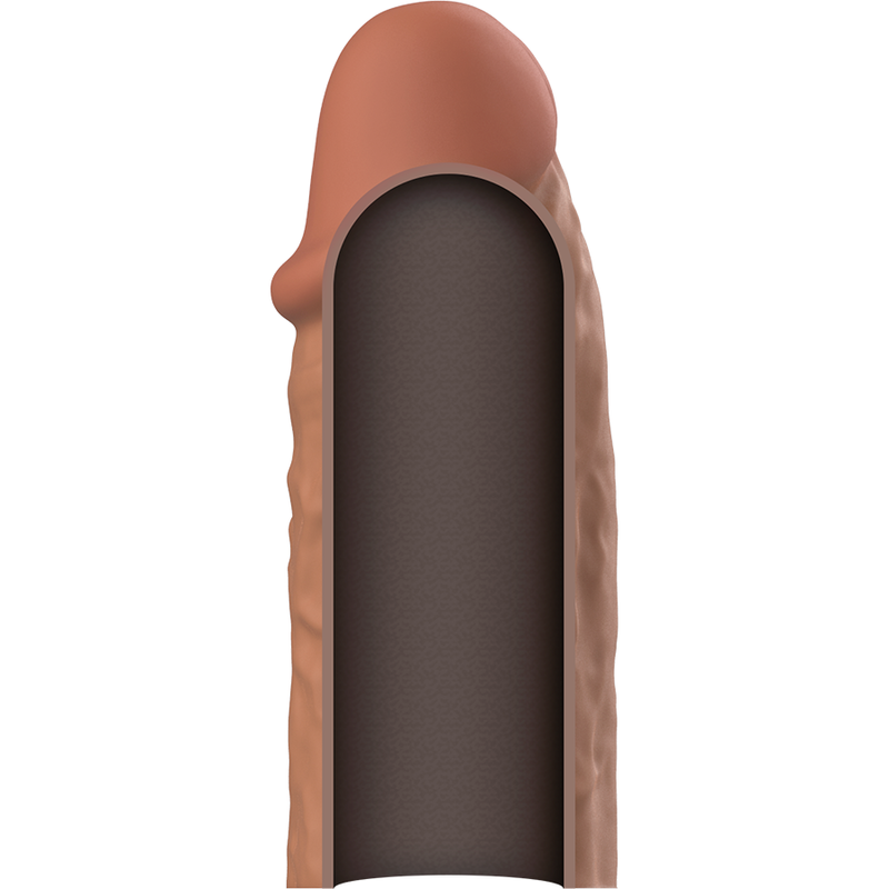 Estensione del pene VIRILXL in silicone liquido marrone, prodotto di supporto per migliorare le dimensioni e l'aspetto.