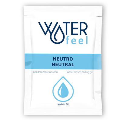 Gel scorrevole neutro Waterfeel a base d'acqua in confezione da 6 ml, applicato su superficie liscia e trasparente.