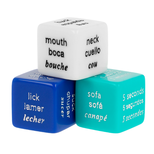 Dadi erotici WATERFEEL per giochi di coppia, in scatola con istruzioni in spagnolo, francese e inglese, su sfondo neutro.