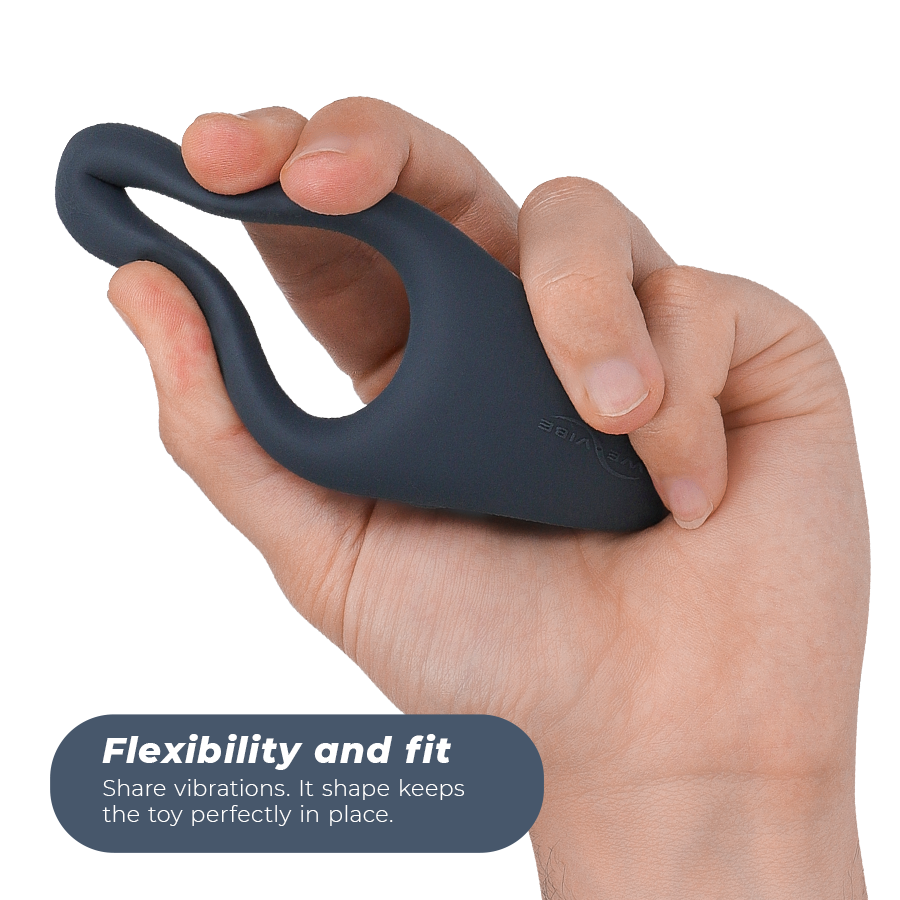 Anello vibrante WE-VIBE Verge in silicone nero con pulsante di accensione e modalità di vibrazione visibile.