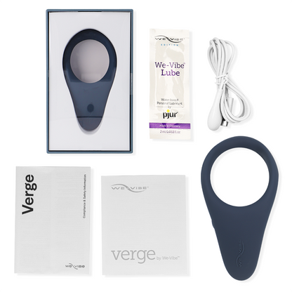 Anello vibrante WE-VIBE Verge in silicone nero, con superficie liscia e pulsanti di controllo visibili.