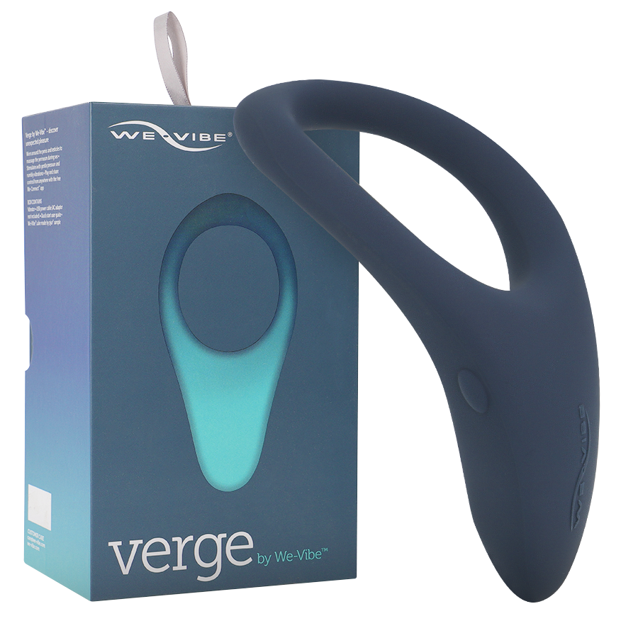 Anello vibrante WE-VIBE Verge in silicone nero con superficie liscia e design ergonomico, visibile in primo piano.