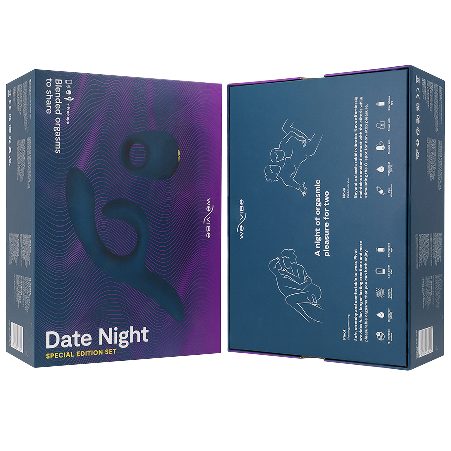 Impostazione appuntamento notturno di WE-VIBE, immagine con testo e logo del marchio WE-VIBE.