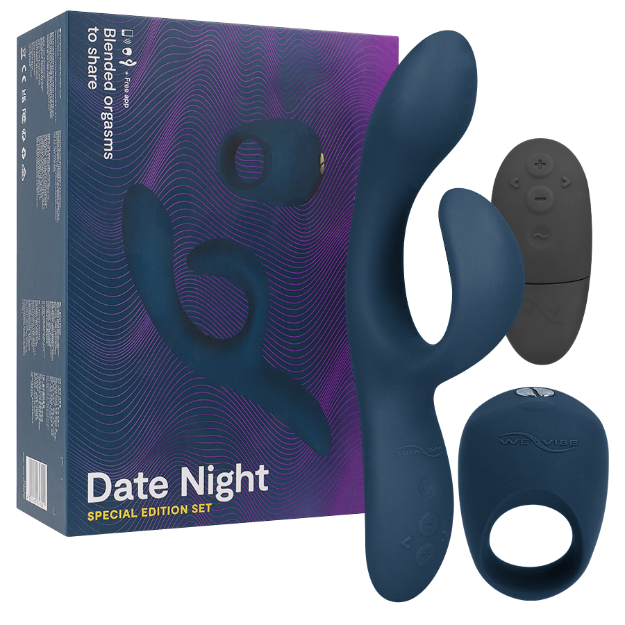 Impostazione appuntamento notturno WE-VIBE, immagine con il logo e dettagli del prodotto WE-VIBE in stile elegante