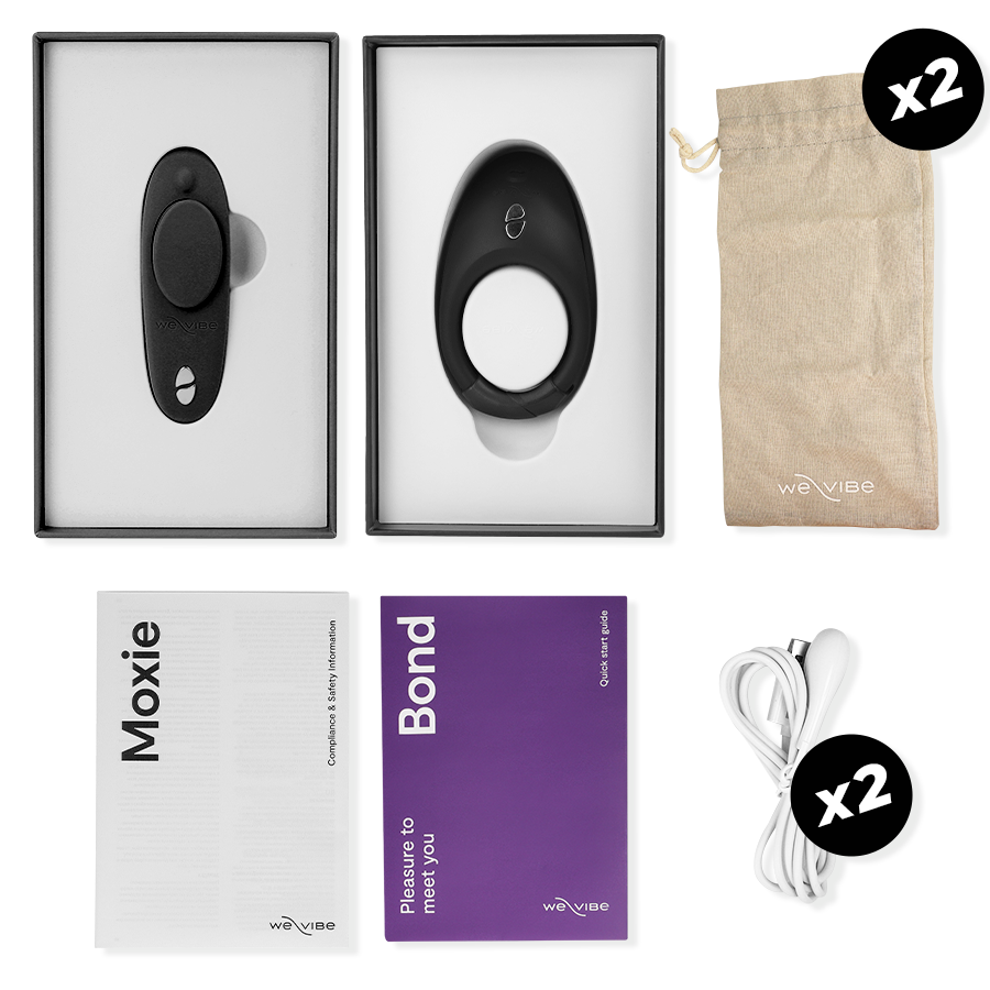 Set di giocattoli intimi WE-VIBE Tease Us Bond e Moxie, con confezione e dettagli visivi del prodotto.