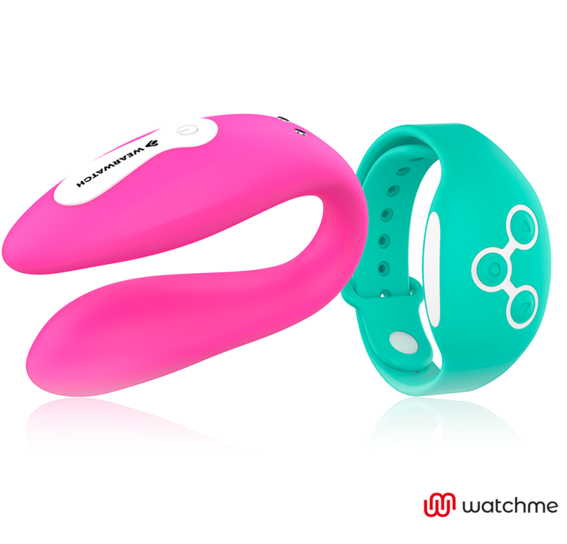 Vibratore WearWatch WatchMe a doppia tecnologia, colore fucsia, con dettagli di acqua di mare, visibile in primo piano.