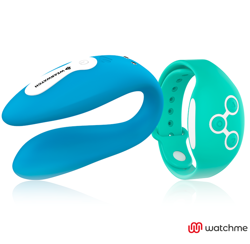 Vibratore Wearwatch WatchMe Indigo/Acqua di Mare, doppia tecnologia, in forma di orologio con dettagli blu e acqua marina.