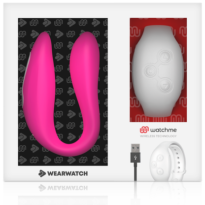 Vibratore WEARWATCH WATCHME con tecnologia doppia, color fucsia e neve, mostrato con dettagli del design e materiali.