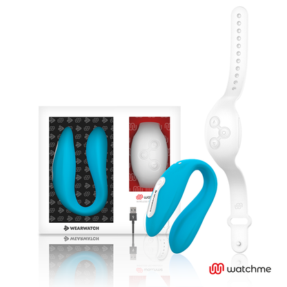 Vibratore WearWatch WatchMe con tecnologia doppia, design Indigo/Snow, mostra le parti in silicone e le funzioni vibranti.