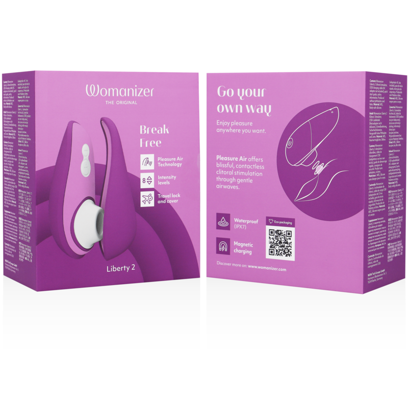 Stimolatore clitorideo Womanizer Liberty 2 viola, dispositivo di piacere con design compatto e tecnologia avanzata.