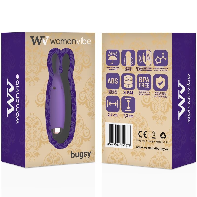 Stimolatore in silicone Bugsy di WOMANVIBE, design ergonomico e morbido, ideale per il piacere personale.